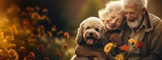 AI generated elderly couple with dog Generative AI photo