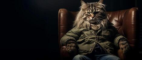 AI generated cat in clothes sits in a chair Generative AI photo