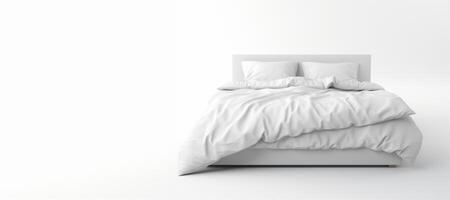 ai generado blanco cama lino en el cama en un blanco antecedentes generativo ai foto