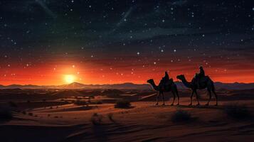 AI generated A caravan of camels walks through the desert at night against the backdrop of the starry sky. Generative AI photo