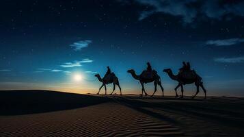 ai generado un caravana de camellos camina mediante el Desierto a noche en contra el fondo de el estrellado cielo. generativo ai foto