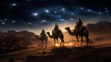 ai generado un caravana de camellos camina mediante el Desierto a noche en contra el fondo de el estrellado cielo. generativo ai foto