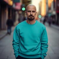 AI generated man in a green hoodie on the street Generative AI photo