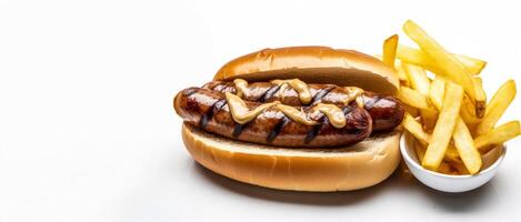 AI generated hot dog with fries on white background Generative AI photo