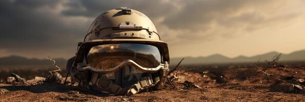 AI generated modern military helmet on the ground Generative AI photo