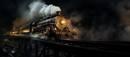 AI generated old locomotive rushes through the night Generative AI photo