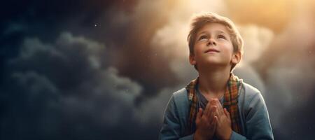 AI generated boy praying against the sky Generative AI photo