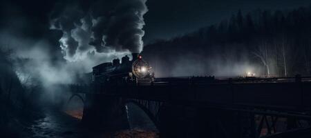 AI generated old locomotive rushes through the night Generative AI photo