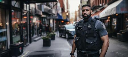 ai generado masculino policía oficial en un ciudad calle generativo ai foto