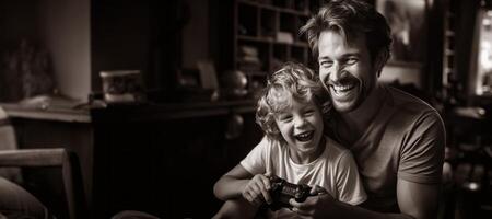 AI generated father and child playing video game console Generative AI photo