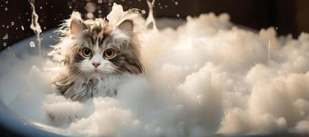 AI generated cat in a foam bath Generative AI photo