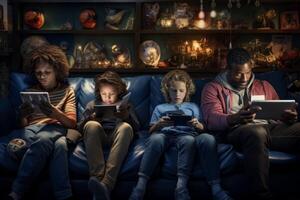 AI generated family  are watching their gadgets while sitting on the sofa Generative AI photo