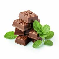 AI generated milk chocolate with mint leaves on white background Generative AI photo