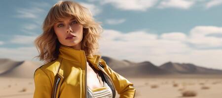 AI generated portrait of a girl in a yellow raincoat in the desert Generative AI photo