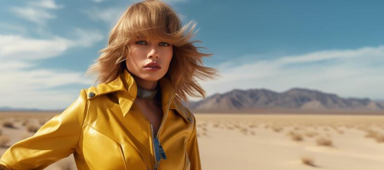 AI generated portrait of a girl in a yellow raincoat in the desert Generative AI photo