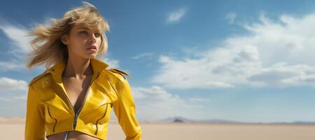 AI generated portrait of a girl in a yellow raincoat in the desert Generative AI photo