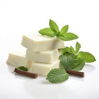 AI generated white chocolate with mint leaves on a white background Generative AI photo