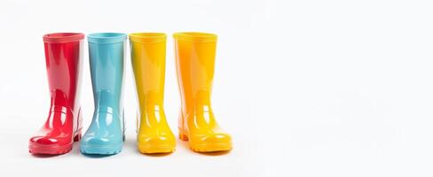 ai generado multicolor lluvia botas en un blanco antecedentes generativo ai foto