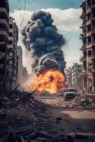 AI generated explosion in the city military conflict devastation Generative AI photo