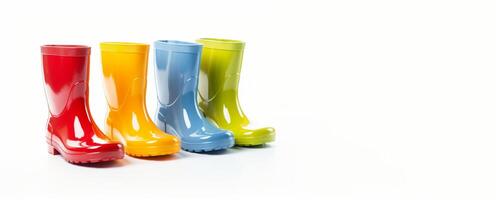 ai generado multicolor lluvia botas en un blanco antecedentes generativo ai foto