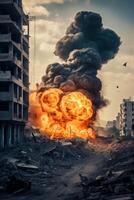 AI generated explosion in the city military conflict devastation Generative AI photo