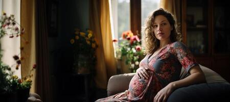 ai generado embarazada mujer en un acogedor hogar generativo ai foto
