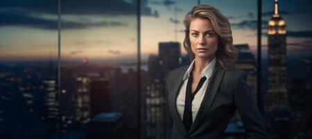 AI generated business woman against the backdrop of the night city Generative AI photo