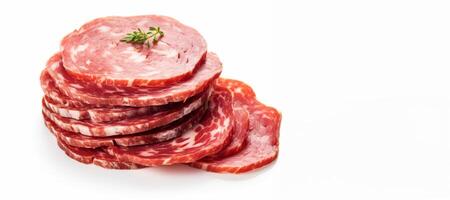 AI generated sliced salami on white background Generative AI photo