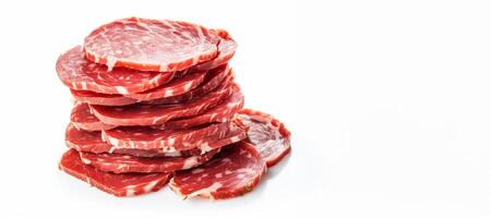 AI generated sliced salami on white background Generative AI photo