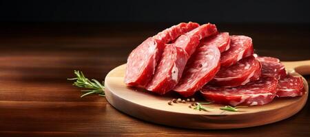 AI generated sliced salami on a wooden board Generative AI photo