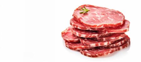 AI generated sliced salami on white background Generative AI photo