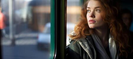 AI generated girl on the train looking out the window Generative AI photo