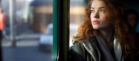 ai generado niña en el tren mirando fuera el ventana generativo ai foto