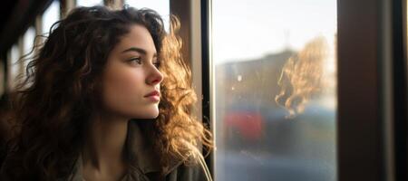 AI generated girl on the train looking out the window Generative AI photo
