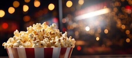 AI generated popcorn against the backdrop of cinema lights Generative AI photo