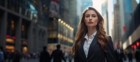 AI generated business woman against the background of skyscrapers Generative AI photo