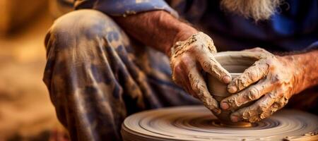 AI generated Potter sculpts clay on a wheel, craft skill Generative AI photo