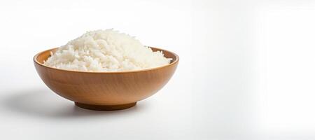 ai generado hervido arroz en un plato en un blanco antecedentes generativo ai foto