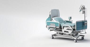 ai generado hospital cama con equipo en blanco antecedentes generativo ai foto