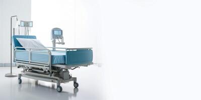 ai generado hospital cama con equipo en blanco antecedentes generativo ai foto