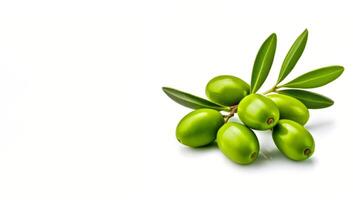 AI generated green olives with leaves on a white background Generative AI photo