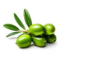 AI generated green olives with leaves on a white background Generative AI photo