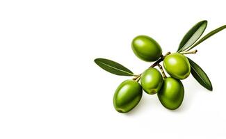 AI generated green olives with leaves on a white background Generative AI photo