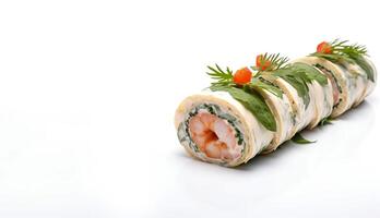 AI generated roll with seafood and herbs on a white background Generative AI photo