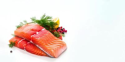 AI generated salmon slices on a white background with greens Generative AI photo