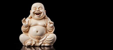 ai generado figurilla de un riendo Buda en un negro antecedentes generativo ai foto