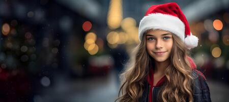 ai generado retrato de un niña vistiendo un Papa Noel claus sombrero generativo ai foto