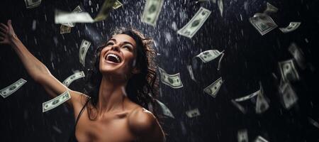 ai generado niña en el lluvia de dinero generativo ai foto