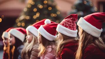 AI generated girls in Santa Claus hats rear view Generative AI photo