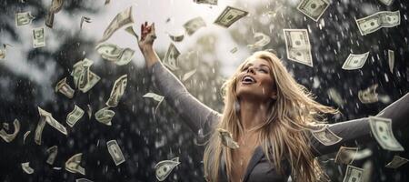 AI generated Girl in the rain of money Generative AI photo